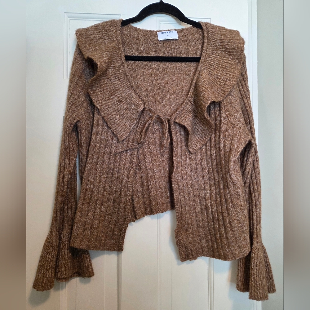 Old Navy Brown Cardigan 2-Button Bow Collar Sweater Bell Sleeve Women's Size 2X